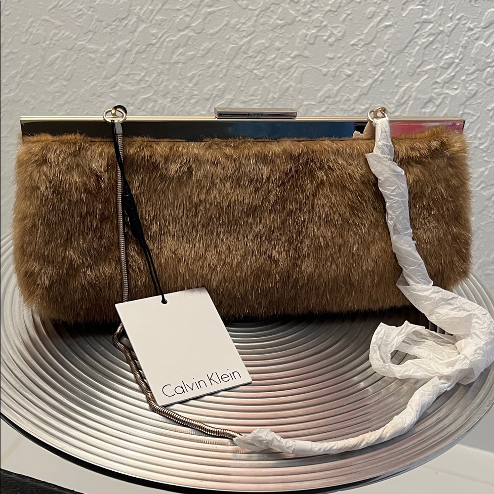 CALVIN KLEIN NWT ShOULDER/CLUTCH WHISKEY COLORED FAUX MINK BAG-Retails $118